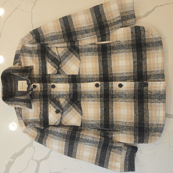 Thread & Supply Oversized Plaid Gingham Flannel Shacket Jacket Black Brown Small - Picture 10 of 10